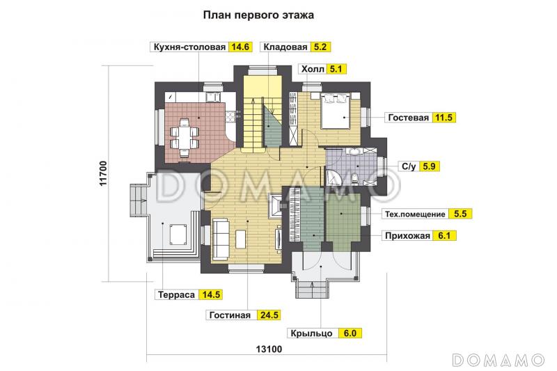 Проект дома с небольшой крытой террасой, эркерами, гостевой на первом этаже, кладовой под лестницей, кабинетом / План 1 этажа