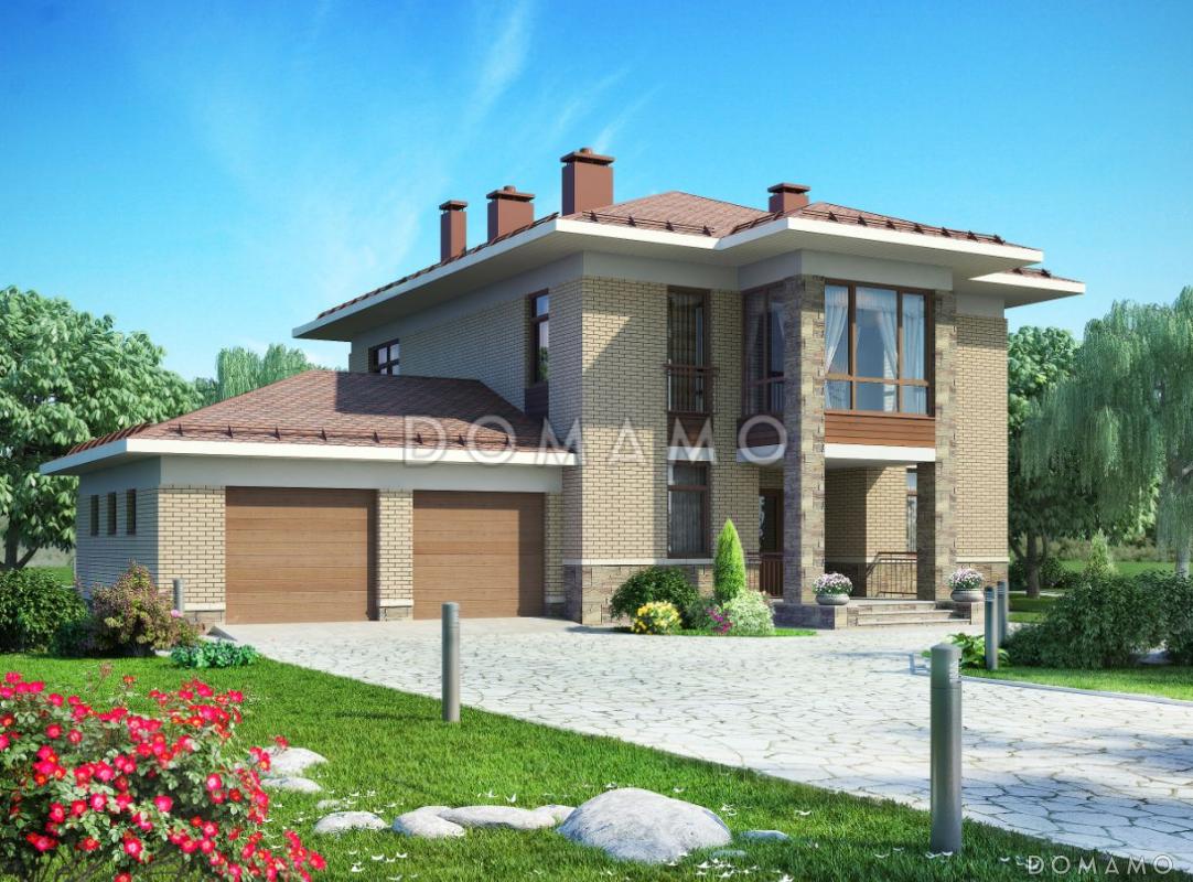 проект двухэтажного дома с большой гостинной и гаражом на две машины / 1