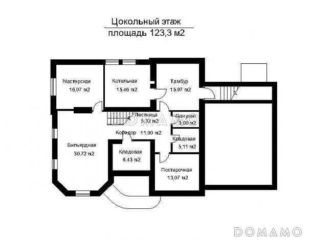 Проект дома с наружными и внутренними лестницами  / План цокольного этажа Проект дома с наружными и внутренними лестницами  / План цокольного этажа