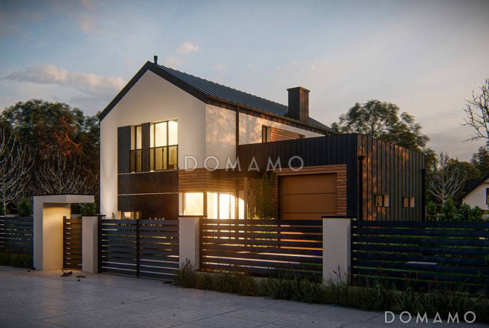 Проект загородного двухэтажного дома с гаражом и террасой над ним, кухней с двумя окнами, кладовой