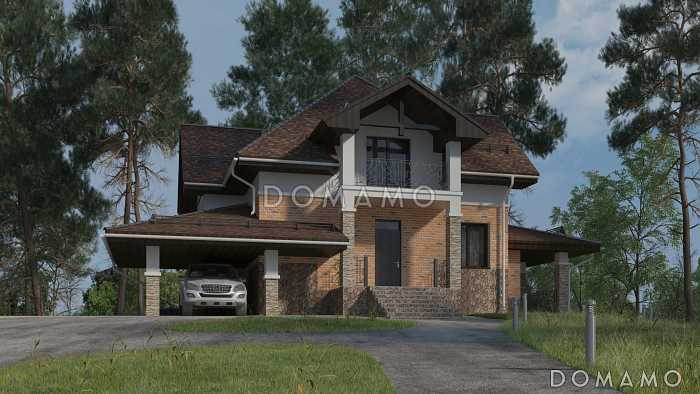 Проект дома с использованием трёх видов отелочных материалов, с навесом для автомобиля и террасой Проект дома с использованием трёх видов отелочных материалов, с навесом для автомобиля и террасой