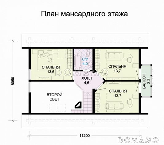 Проект комфортабельного бревенчатого дома с вынесенной столовой / План мансардного этажа Проект комфортабельного бревенчатого дома с вынесенной столовой / План мансардного этажа