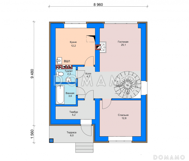 Проект загородного дома с винтовой лестницей на мансардный этаж, раздельным санузлом, террасой  / План 1 этажа