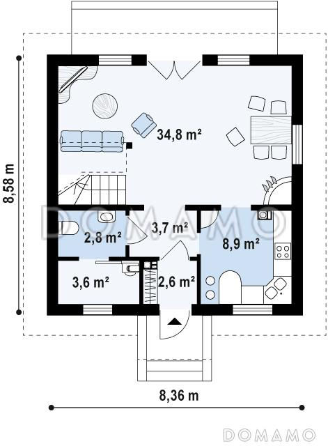 Проект одноэтажного дома из газобетона с отделкой из кирпича с мансардой и просторной гостиной / План 1 этажа