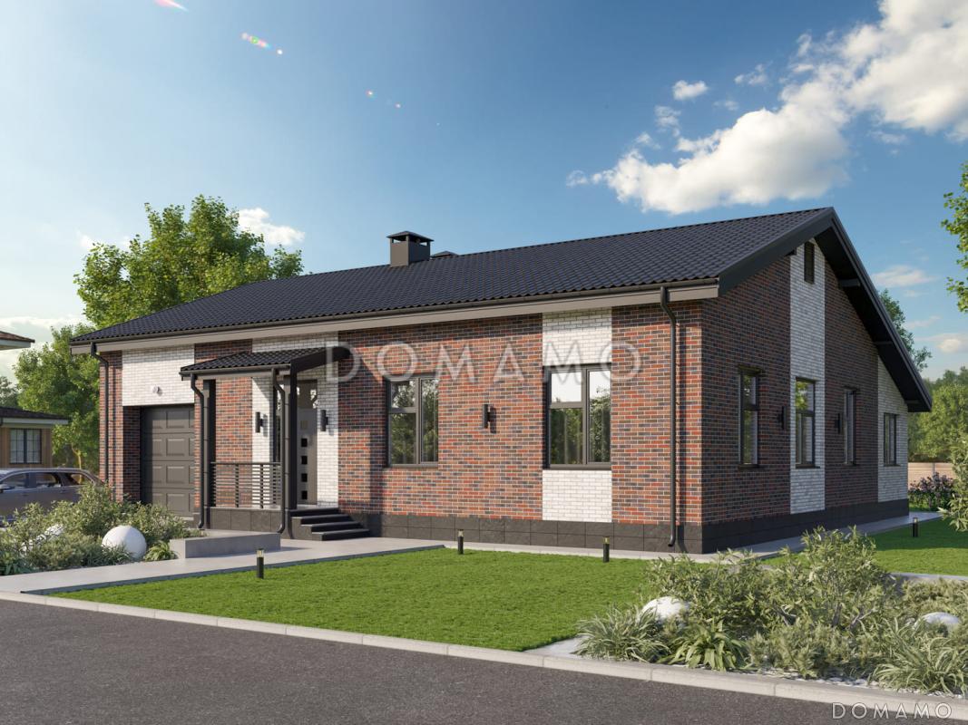 Проект одноэтажного дома из газобетона с 3 спальнями, верандой и гаражом / 1