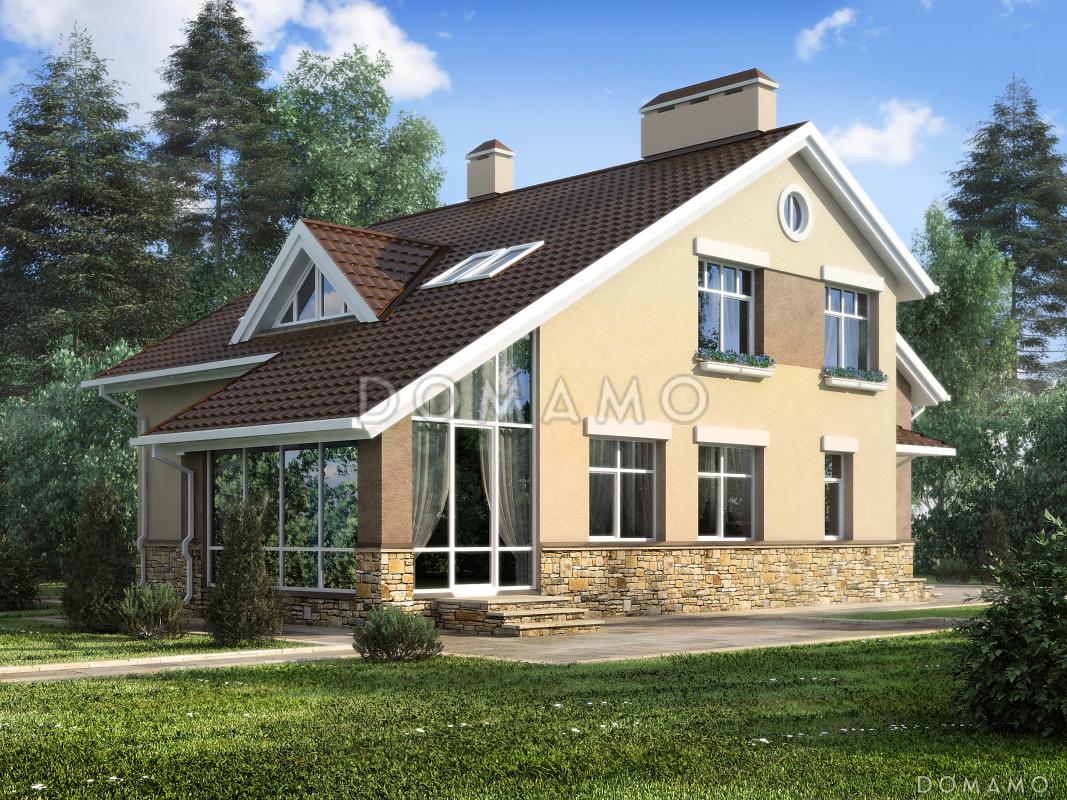 Проект загородного дома с темно-коричневой двускатной крышей и просторной гостиной с камином / 1