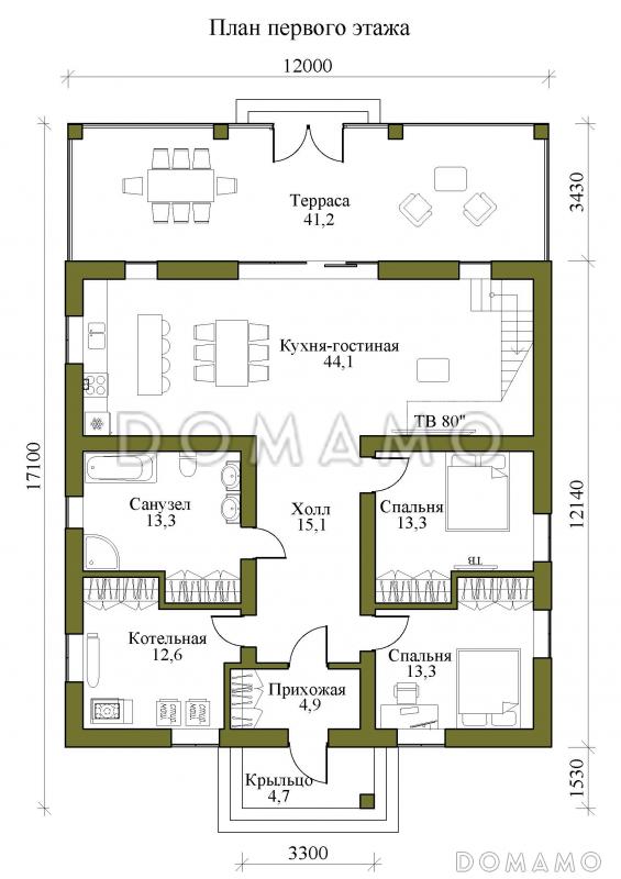 Проект одноэтажного каркасного дома с мансардой, вторым светом и крытой террасой / План 1 этажа