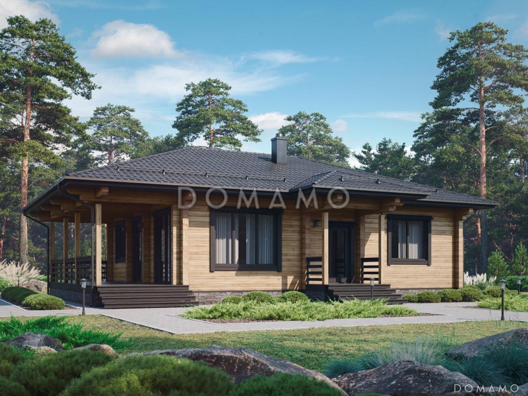 Проект одноэтажного дома с террасой, хозяйственным помещением, тремя спальнями / 1