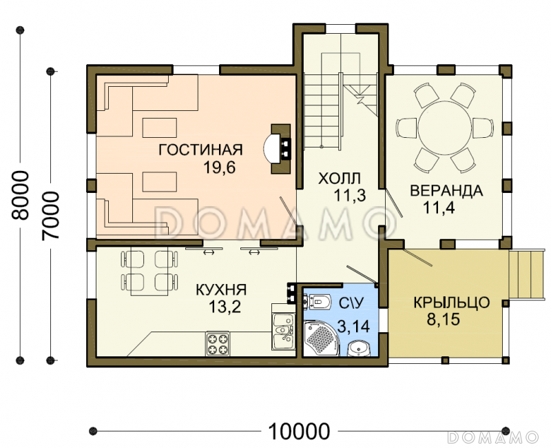 Проект дачного дома с остекленной верандой и мансардой / План 1 этажа