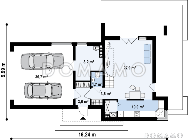 Проект современного двухэтажного дома из кирпича с тремя спальнями, пристроенным гаражом и террасой над ним / План 1 этажа