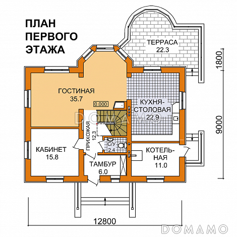Проект двухэтажного дома из пеноблоков до 200 м.кв / План 1 этажа Проект двухэтажного дома из пеноблоков до 200 м.кв / План 1 этажа