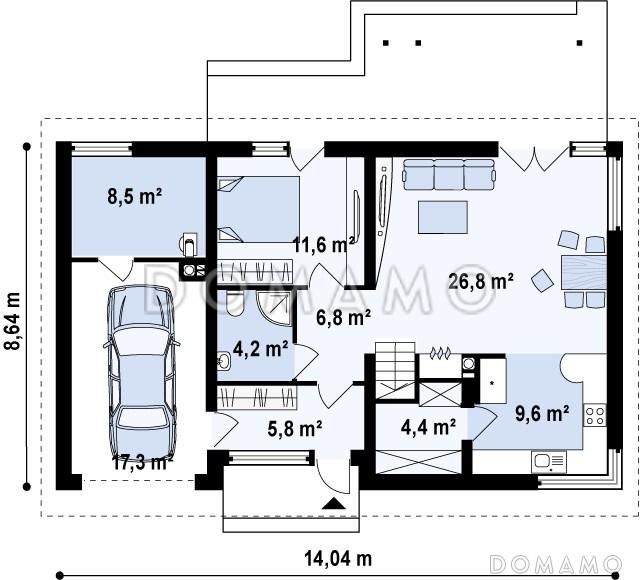 Проект одноэтажного мансардного дома из газобетона с встроенным гаражом / План 1 этажа