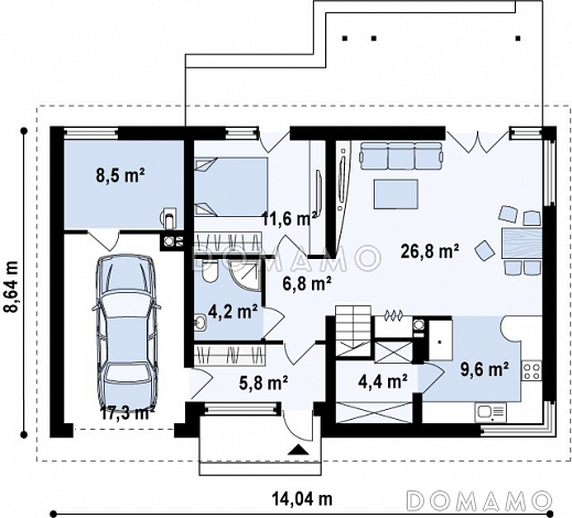 Проект одноэтажного мансардного дома из газобетона с встроенным гаражом / План 1 этажа