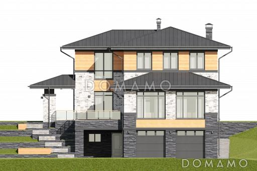 Проект дома с гаражом на 2 машины и навесом, сауной, террасой, кабинетом, детской / Фасад 4