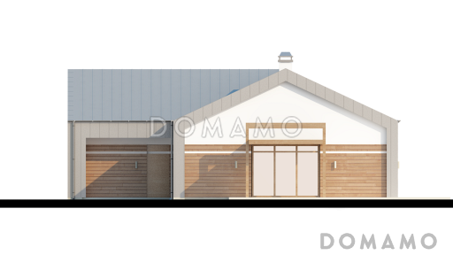 Проект углового одноэтажного дома из кирпича с облицовкой деревянной вагонкой и с гаражом на два автомобиля / Фасад 3