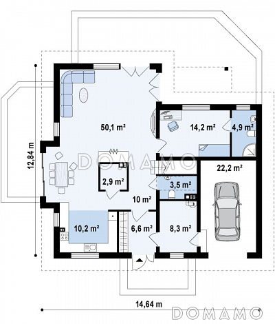 Проект просторного одноэтажного мансардного коттеджа из газобетона с гостевой спальней на первом этаже, кабинетом и гаражом / План 1 этажа Проект просторного одноэтажного мансардного коттеджа из газобетона с гостевой спальней на первом этаже, кабинетом и гаражом / План 1 этажа