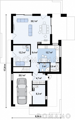 Проект современного двухэтажного дома из кирпича в стиле модерн, с террасой на втором уровне и встроенным гаражом / План 1 этажа Проект современного двухэтажного дома из кирпича в стиле модерн, с террасой на втором уровне и встроенным гаражом / План 1 этажа