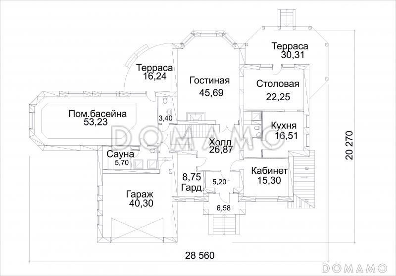 Проект дома из кирпича с бассейном и сауной на первом этаже / План 1 этажа