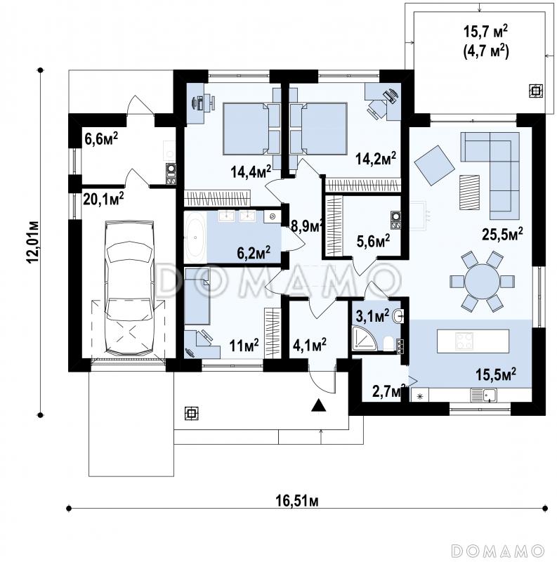 Проект одноэтажного дома из кирпича с тремя спальнями и гаражом, с возможностью обустроить мансарду / План 1 этажа