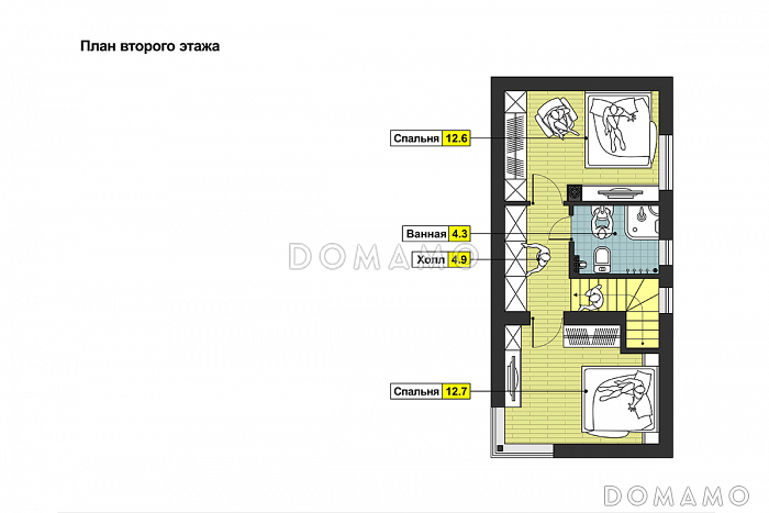 Проект дома с  крытой террасой, дровником, гостиной с камином, парной, двумя спальнями на мансардном этаже / План мансардного этажа Проект дома с  крытой террасой, дровником, гостиной с камином, парной, двумя спальнями на мансардном этаже / План мансардного этажа