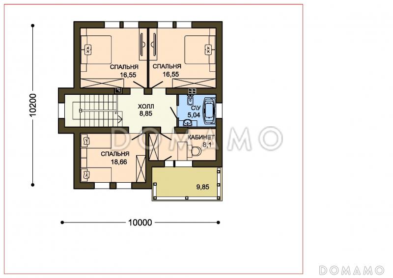 Проект двухэтажного коттеджа с облицовкой клинкером и с навесом для автомашины / План 2 этажа