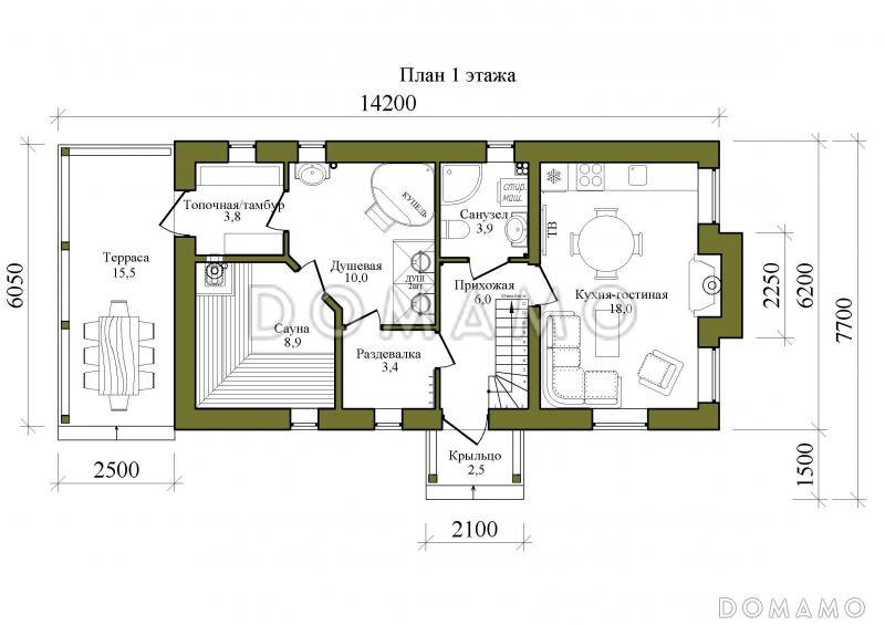 Проект одноэтажной бани с террасой и мансардой / План 1 этажа