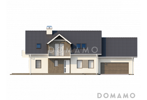 Проект просторного одноэтажного дома из газобетона с тремя спальнями и подсобным помещением на мансардном этаже и со встроенным гаражом / Фасад 1