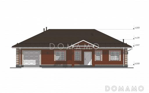Проект одноэтажного облицованного кирпичом дома с гаражом на одну машину S-150 / Фасад 1