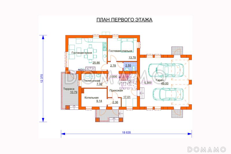 Проект дома с гаражом на две машины, просторной кухней-гостиной с выходом на террасу, гостевой спальней на первом этаже, балконами / План 1 этажа