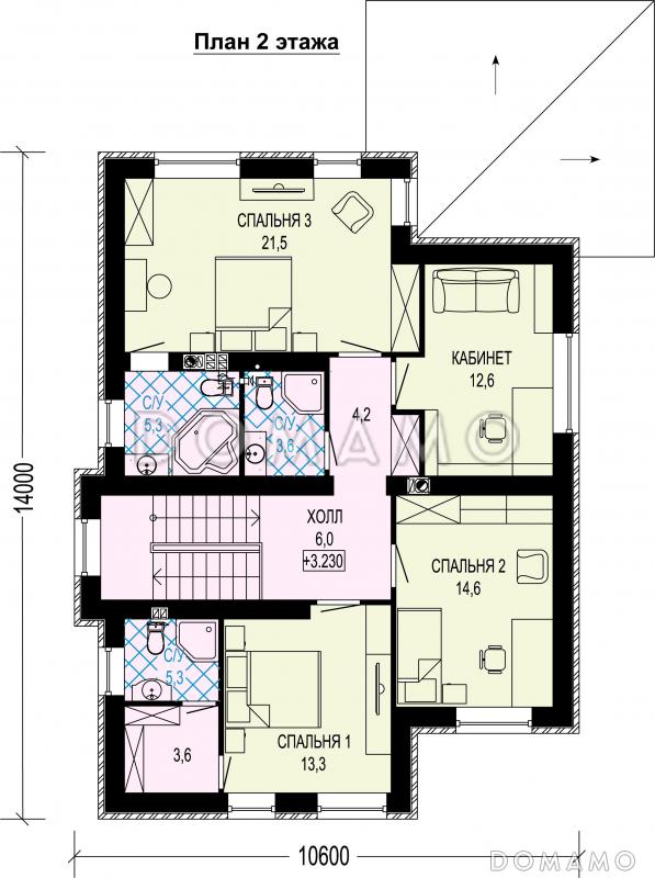Проект двухэтажного газобетонного дома с большой гардеробной, пятью комнатами и пристроенной террасой / План 2 этажа