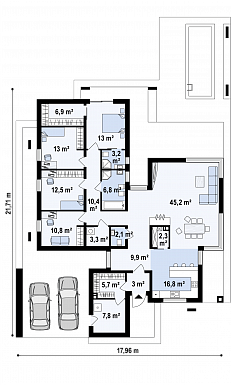 Проект просторного современного одноэтажного дома из кирпича с плоской крышей с четырьмя спальнями, террасой и крытым навесом для двух автомобилей / План 1 этажа Проект просторного современного одноэтажного дома из кирпича с плоской крышей с четырьмя спальнями, террасой и крытым навесом для двух автомобилей / План 1 этажа