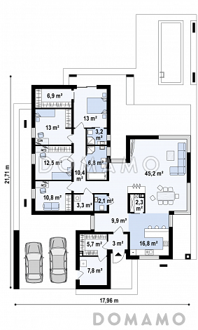 Проект просторного современного одноэтажного дома из кирпича с плоской крышей с четырьмя спальнями, террасой и крытым навесом для двух автомобилей / План 1 этажа Проект просторного современного одноэтажного дома из кирпича с плоской крышей с четырьмя спальнями, террасой и крытым навесом для двух автомобилей / План 1 этажа