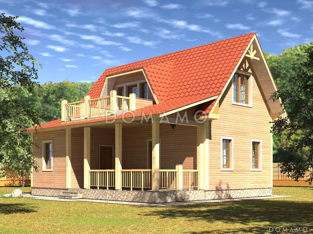 Проект каркасного дачного дома с балконом, террасой, и двумя спальнями / 1