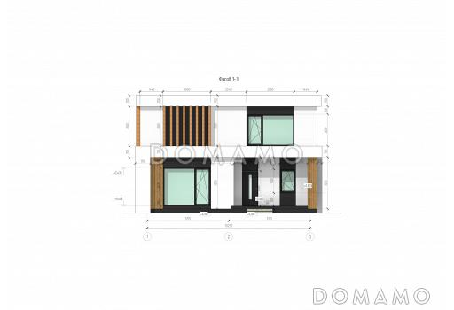 Проект двухэтажного дома с панорамными окнами, кабинетом, 3 спальнями, кухней-гостиной / Фасад 1 Проект двухэтажного дома с панорамными окнами, кабинетом, 3 спальнями, кухней-гостиной / Фасад 1