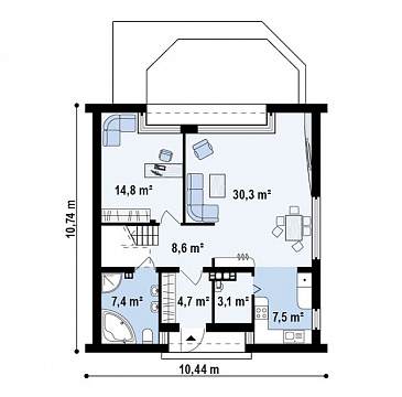 Проект одноэтажного мансардного дома из кирпича с большой гостиной и современными элементами экстерьера / План 1 этажа