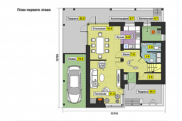 Проект дома с крытой террасой, навесом для автомобиля, вторым светом в гостиной / План 1 этажа Проект дома с крытой террасой, навесом для автомобиля, вторым светом в гостиной / План 1 этажа