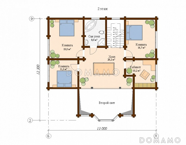 Проект дома с тремя спальнями и кабинетом / План 2 этажа Проект дома с тремя спальнями и кабинетом / План 2 этажа