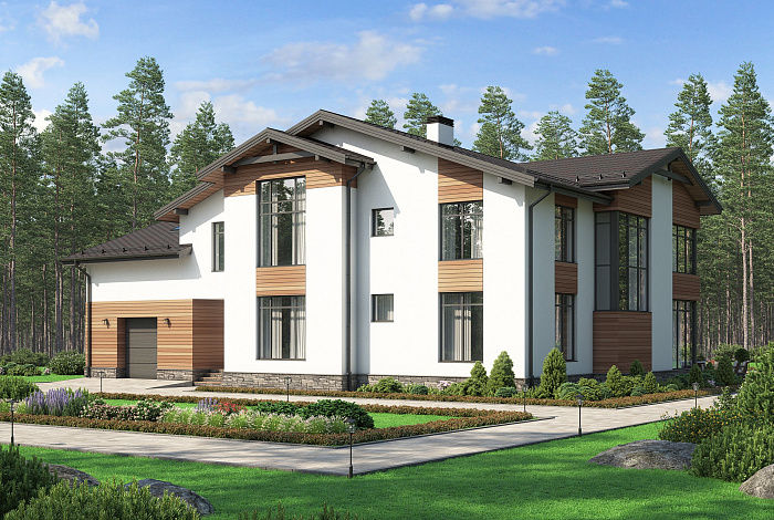 Проект дома с гаражом, двумя открытыми террасами, кабинетами, игровой на втором этаже, кладовыми