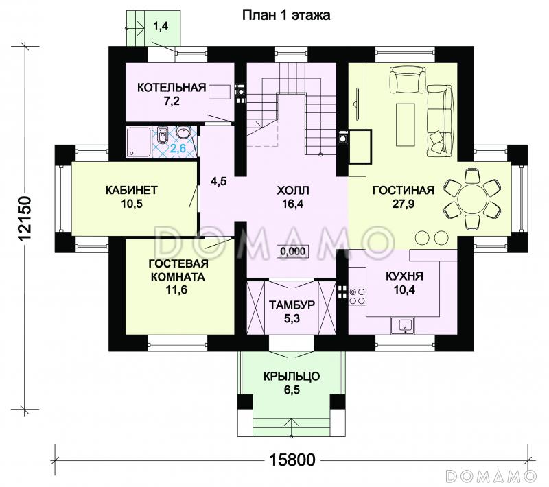 Проект двухэтажного особняка с тремя спальными комнатами и комнатой для гостей / План 1 этажа