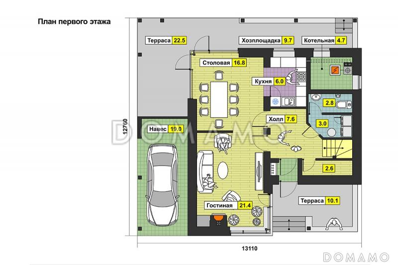 Проект дома с крытой террасой, навесом для автомобиля, вторым светом в гостиной / План 1 этажа