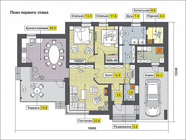 Проект одноэтажного дома с навесом для автомобиля, парной и душевой, двумя спальнями / План 1 этажа Проект одноэтажного дома с навесом для автомобиля, парной и душевой, двумя спальнями / План 1 этажа