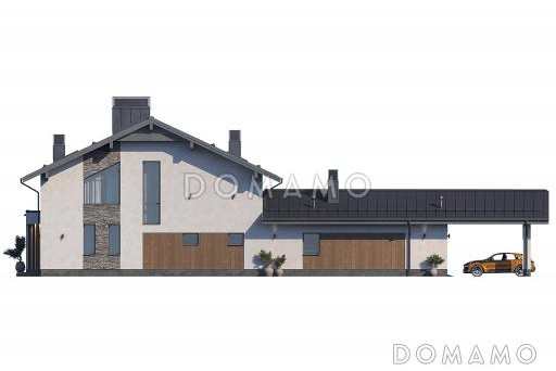 Проект кирпичного двухэтажного дома с гаражом, навесом и террасой / Фасад 4