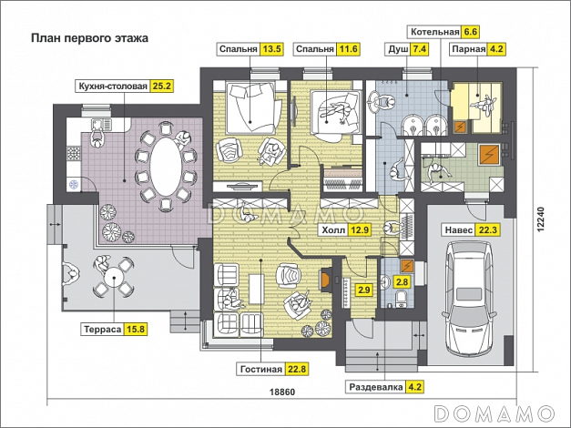 Проект одноэтажного дома с навесом для автомобиля, парной и душевой, двумя спальнями / План 1 этажа Проект одноэтажного дома с навесом для автомобиля, парной и душевой, двумя спальнями / План 1 этажа