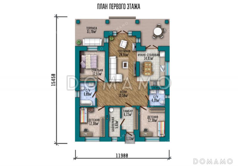 Проект одноэтажного дома со свободной планировкой дневной зоны, тремя спальнями и большой террасой / План 1 этажа