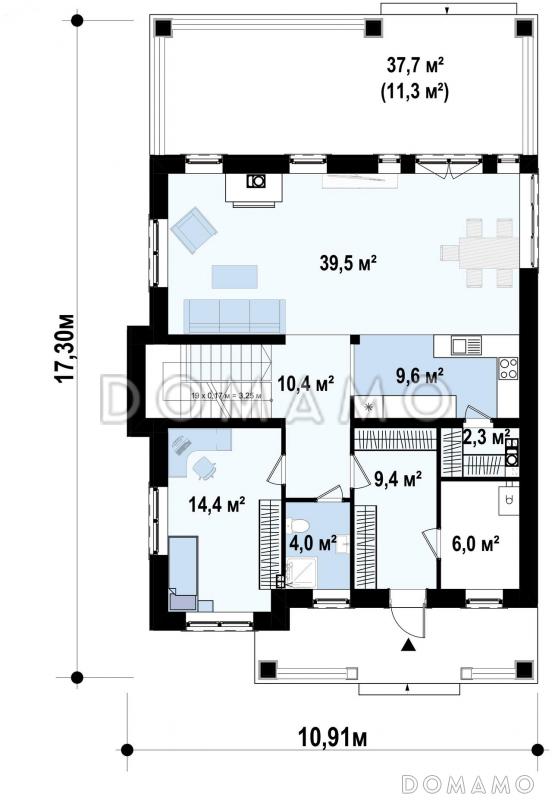 Проект загородного дома в классическом стиле с просторной гостиной, террасой, кладовой на кухне, двумя санузлами на втором этаже / План 1 этажа