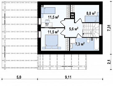 Проект компактного одноэтажного мансардного дома из кирпича с дополнительной спальней на первом этаже и большой крытой террасой / План мансардного этажа