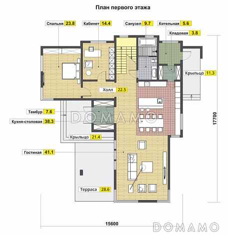 Проект современного дома из газобетона / План 1 этажа Проект современного дома из газобетона / План 1 этажа