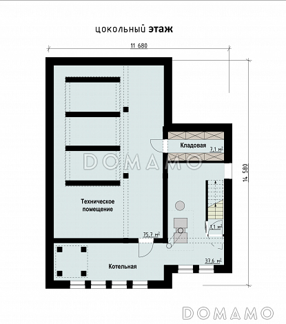Проект загородного дома с бассейном, комнатами для отдыха и спорта, террасами, большим гаражом, спальнями на втором этаже / План цокольного этажа