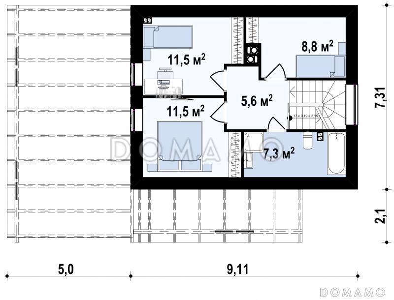Проект компактного одноэтажного мансардного дома из кирпича с дополнительной спальней на первом этаже и большой крытой террасой / План мансардного этажа