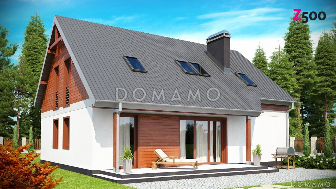 Проект одноэтажного дома из кирпича с мансардой облицованной натуральным деревом со встроенным гаражом / 1